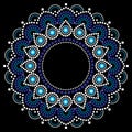 Abstract mandala with dots, circles, ethnic Australian geometric composition in white and turquoise on black background Royalty Free Stock Photo