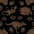 Aboriginal seamless vector pattern including ethnic Australian motive with Australia territory, kangaroo, lizard, turtle, palm,