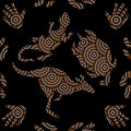 Aboriginal seamless vector pattern including ethnic Australian motive with kangaroo, lizard, turtle, palm, boomerang and other