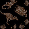 Aboriginal seamless vector pattern including ethnic Australian motive with kangaroo, lizard, turtle, palm and other dotted typical