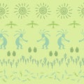 Aborigine, design with gecko, Kokopelli fertility god, sun, bird, cacti.