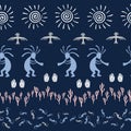Aborigine, design with lizard, Kokopelli fertility deity, sun, eagle, cacti Royalty Free Stock Photo