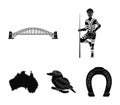 Aborigine with a spear, Sydney Harbor Bridge, kookabarra on a branch, the territory of the country.Australia set