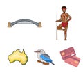 Aborigine with a spear, Sydney Harbor Bridge, kookabarra on a branch, the territory of the country.Australia set