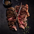 From above of appetizing juicy grilled beef steak with seasonings and fork on table Royalty Free Stock Photo