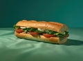 From above appetizing sandwich with grilled chicken, fresh lettuce and tomatoes served on baking paper on colorful table