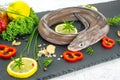 Uncooked eel fish, conger,parsley, salt and lemon - ingredients for cooking Royalty Free Stock Photo