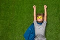 Little superhero flying up near empty space Royalty Free Stock Photo