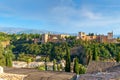 The Alhambra complex of palaces and gardens within the battlements of the alcazaba, Granada, Spain.