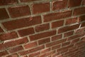 Above closeup of a wall of red brick still life. Hard solid building material with rough texture on a building in town Royalty Free Stock Photo