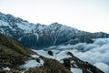 Above clouds mountain beautiful landscape view during sunrise in Himalayas mountains Royalty Free Stock Photo