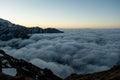 Above clouds mountain landscape view during sunrise in Himalayas mountains Royalty Free Stock Photo
