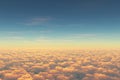 Above clouds, view from pilot cabine in airplane. Aerial view above clouds during the sunrise or sunset. Blue sky, white clouds Royalty Free Stock Photo