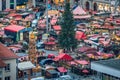 Above famous Dresden Christmas Market Striezelmarkt in city square, Germany