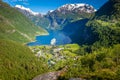 Above Geiranger fjord, ship and village, Norway, Northern Europe Royalty Free Stock Photo