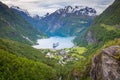 Above Geiranger fjord, ship and village, Norway, Northern Europe Royalty Free Stock Photo
