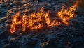 From above, Help word scripted in flames over textured black sand Royalty Free Stock Photo