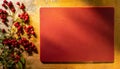 Top view of a kitchen worktop with a red chopping board, with rowan berries on the left Royalty Free Stock Photo