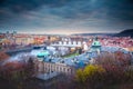 Above Prague bridges and buildings at dawn from Letna Park, Czechia Royalty Free Stock Photo