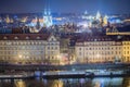 Above Prague old town, boats and river Vltava at night, Czech Republic Royalty Free Stock Photo