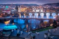 Above Prague old town bridges and river Vltava at dawn, Czech Republic Royalty Free Stock Photo