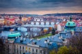 Above Prague old town bridges and river Vltava at dawn, Czech Republic Royalty Free Stock Photo