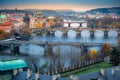 Above Prague old town bridges and river Vltava at dawn, Czech Republic Royalty Free Stock Photo