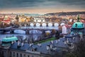 Above Prague old town bridges and river Vltava at dawn, Czech Republic Royalty Free Stock Photo