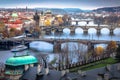 Above Prague old town bridges and river Vltava at dawn, Czech Republic Royalty Free Stock Photo