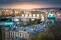 Above Prague old town bridges and river Vltava at dawn, Czech Republic Royalty Free Stock Photo