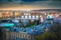 Above Prague old town bridges and river Vltava at dawn, Czech Republic Royalty Free Stock Photo