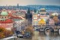 Above Prague old town, Charles bridge and river Vltava at dawn, Czech Republic Royalty Free Stock Photo