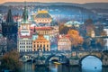 Above Prague old town, Charles bridge and river Vltava at dawn, Czech Republic Royalty Free Stock Photo