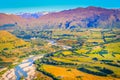 Above Queenstown countryside and river in south Island, Otago, New Zealand Royalty Free Stock Photo