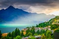 Above Queenstown and Lake Wakatipu in south Island, New Zealand at sunset Royalty Free Stock Photo