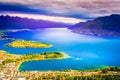 Above Queenstown and Lake Wakatipu in south Island, New Zealand at sunset Royalty Free Stock Photo