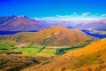 Above Queenstown and Lake Wakatipu in south Island, New Zealand at sunset Royalty Free Stock Photo
