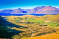 Above Queenstown and Lake Wakatipu in south Island, New Zealand at sunset Royalty Free Stock Photo