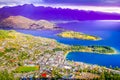 Above Queenstown and Lake Wakatipu in south Island, New Zealand at sunset Royalty Free Stock Photo