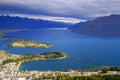 Above Queenstown and Lake Wakatipu in south Island, New Zealand at sunset Royalty Free Stock Photo