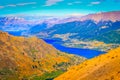 Above Queenstown and Lake Wakatipu in south Island, New Zealand at sunset Royalty Free Stock Photo