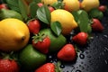 From above, rain enhanced street view of fresh, shiny fruits Royalty Free Stock Photo
