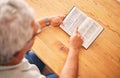 Above, reading book or old man with holy bible for worship, support or hope in Christianity faith in retirement. Jesus Royalty Free Stock Photo