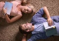 Above students, books and floor for studying, scholarship or happy for development at university. People, education and Royalty Free Stock Photo