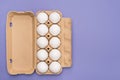 Above top overhead close up view photo of carton container with ten white eggs isolated purple color background with copy space Royalty Free Stock Photo