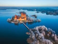 Above Trakai castle at winter, aerial