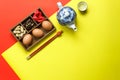 Above view of accessories Lunar & Chinese New Year holiday background concept