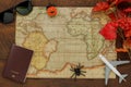 Above view of accessory Happy Halloween with items to travel background Royalty Free Stock Photo