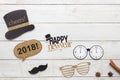 Above view aerial image of DIY photo booth props decorations Happy new year 2018 Royalty Free Stock Photo