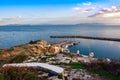 Above view of the beautiful Marina in Rafina city ,Greece, piers,docks,docked yachts and commercial area, in the new small port Royalty Free Stock Photo